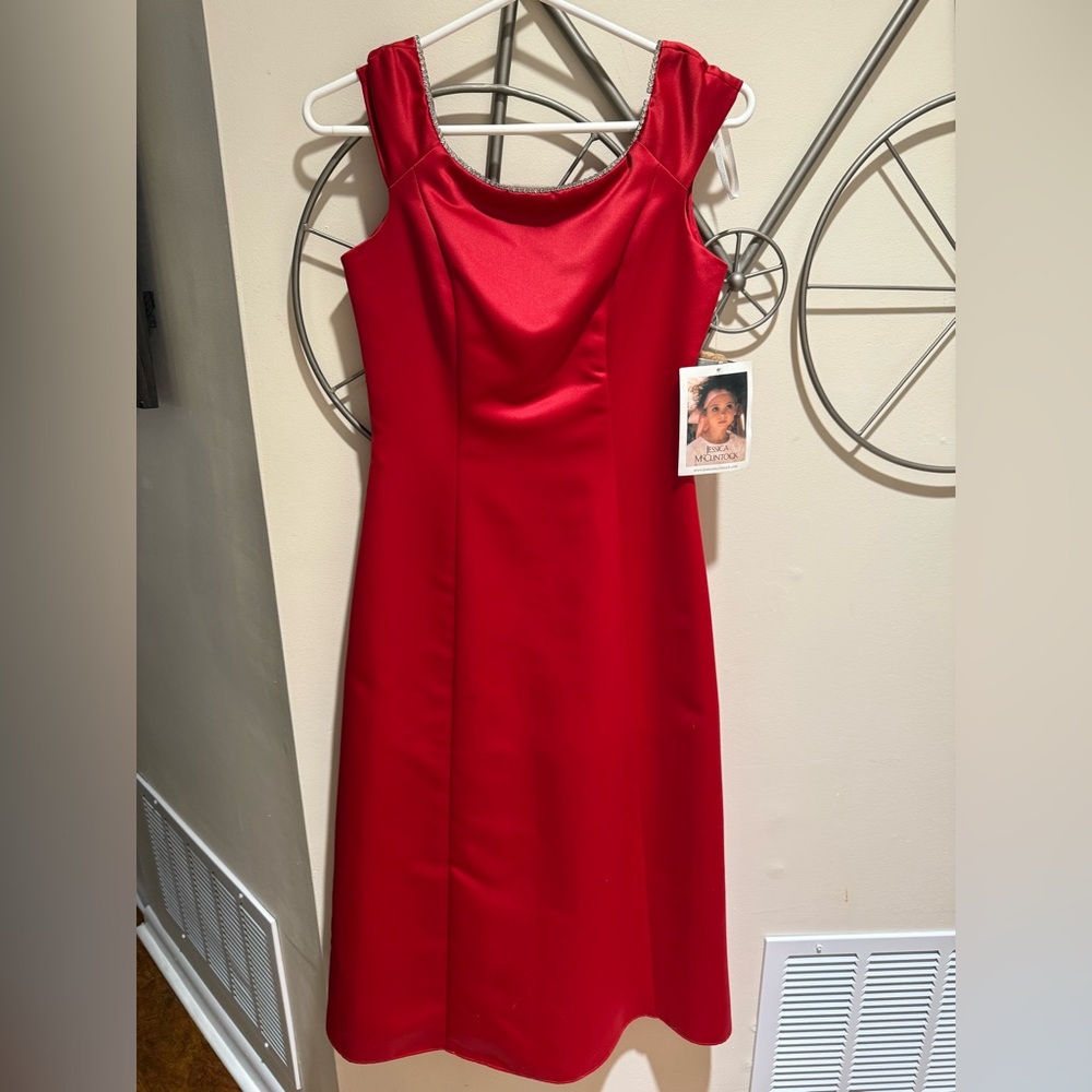Vintage Jessica McClintock Girls Vibrant Red Midi Dress, Girls Size 16, NWT
